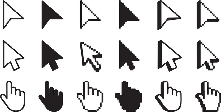 A collection of various computer mouse cursor and hand icons in different styles and colors on a white background,