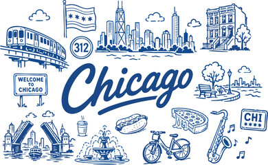 Naklejka premium Chicago Travel Vector Set with Skyline, Train, City Flag, River Bridge, Hot Dog, Pizza and Jazz Icons