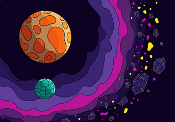 Abstract Space Illustration with Stylized Planets and Geometric Crystals in Purple Nebula © Abil
