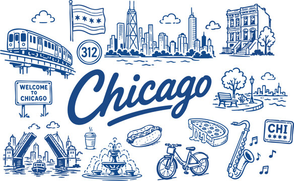 Chicago Travel Vector Set with Skyline, Train, City Flag, River Bridge, Hot Dog, Pizza and Jazz Icons