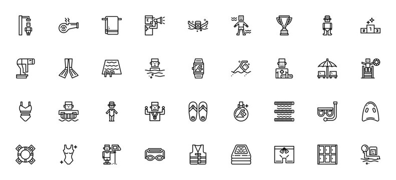 Swimming icon set. Minimal line icons pack. Vector illustration. Featuring shower, whistle, towel, lifeguard, swimmer, pool, goggles, swimsuit, flippers, lifebuoy, trophy, winner and more.