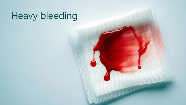 Stack of white paper napkins with heavy red blood stain and drips on light blue surface  medical concept
