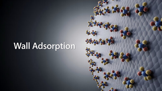 Molecular adsorption on a surface with colorful atoms and molecules interacting with a gray textured wall