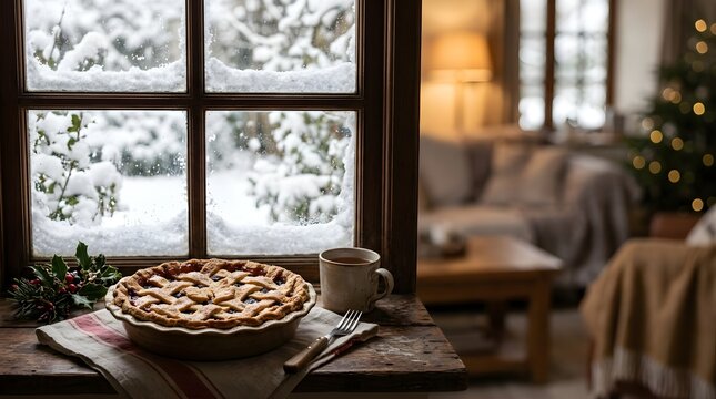 Fresh berry pie on a windowsill overlooking a snowy garden in winter