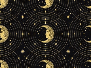 Mystical Celestial Moon Face Seamless Pattern with Gold Stars and Sacred Geometry on Black Background © Abil