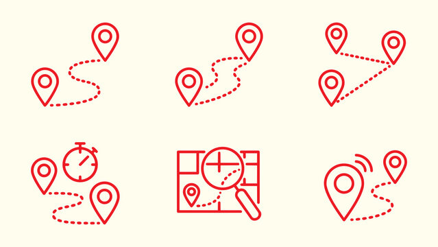 vector set of Route Optimization line icon, Route icon between two points with dotted path and location pin. Route location icon
