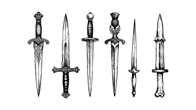 Vintage daggers set. Hand drawn sketch style medieval weapon collection. Best for tatoo and retro historical designs. Vector illustration isolated on white.