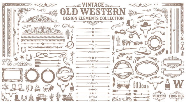 Old Western Design Elements Icon Set Embellishment Borders Divider Lines Scroll Ornate Flourish Wanted Poster Frame Banner Ribbon Rope Border Sheriff Star Barbed Wire Vector