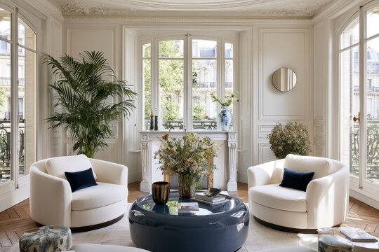 Luxury armchairs and coffee table in a sunlit parisian apartment with ornate wall paneling for high-end interior design and real estate marketing