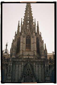 Film Photo &ndash; Gothic Spire of Barcelona Cathedral at Dusk, Spain