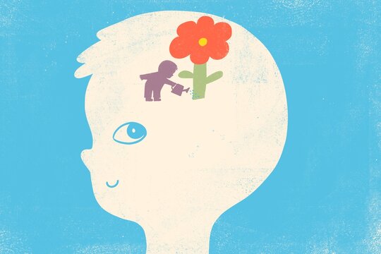 Kid&rsquo;s head with a child&rsquo;s silhouette watering a flower inside