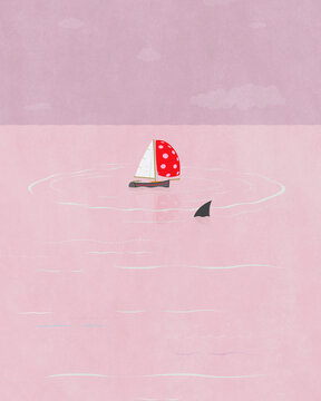 Shark circling sailing boat. 
Portrait/vertical format with copy space