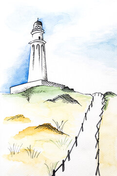 Analog painting of Trafalgar lighthouse, southern spain