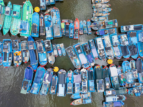Colorful fishing boats tied closely together in abstract patterns