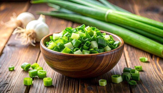 Chopped green onions in a wooden bowl on a wooden table, with whole onions and long onions nearby