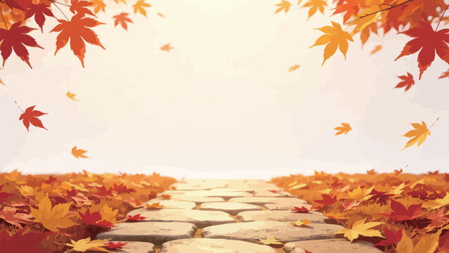 Sunlit Receding Cobblestone Path Flanked by Fallen Red and Gold Maple Leaves, Overhanging Autumn Branches, Drifting Falling Foliage, Warm Golden Backlight Peaceful Fall Landscape