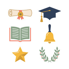 Fototapeta premium Collection of education and achievement symbols including a diploma, open book, graduation cap, bell, star, and laurel wreath