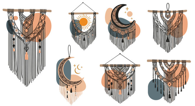 Beautiful set of handmade macrame wall hangings featuring celestial sun and moon designs along with intricate geometric woven patterns.
