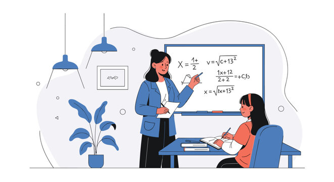 Professional female teacher explaining complex mathematical formulas to a young student on a whiteboard in a modern classroom setting.