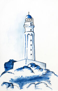 Analog watercolor painting of Trafalgar lighthouse, Andalusia