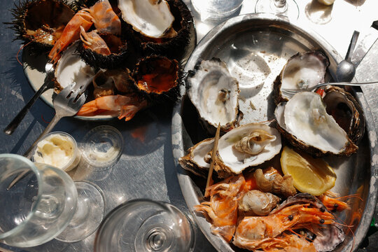 Empty Seafood shells on plate Served Outdoors. Summer. France. 