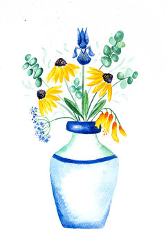 Analog watercolor painting of a vase of flowers