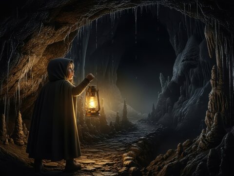Explorer in enchanted cavern isolated on white background