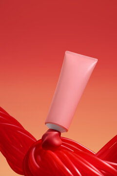 Pink cosmetic tube dispensing red cream onto swirling red