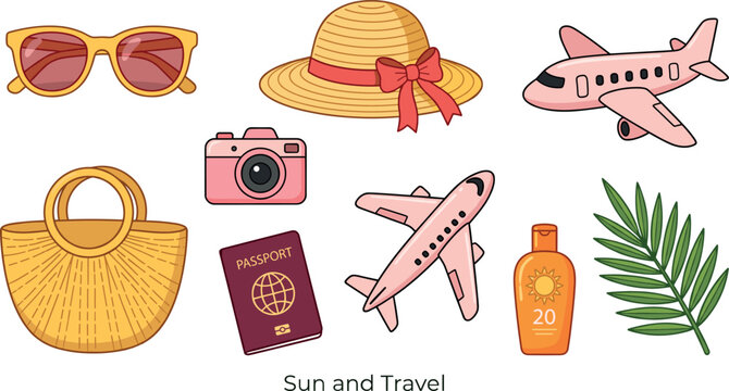 Sun and Travel Essential Icons Set with Hat, Bag, Sunglasses, Passport, Camera, Airplane and Sunscreen Vector Illustration