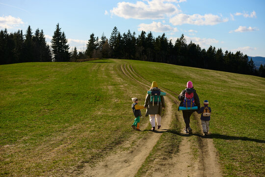 Family walking on countryside road during hike
