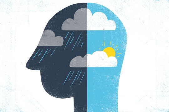 Human head splitter into two parts with sunny and rainy weather