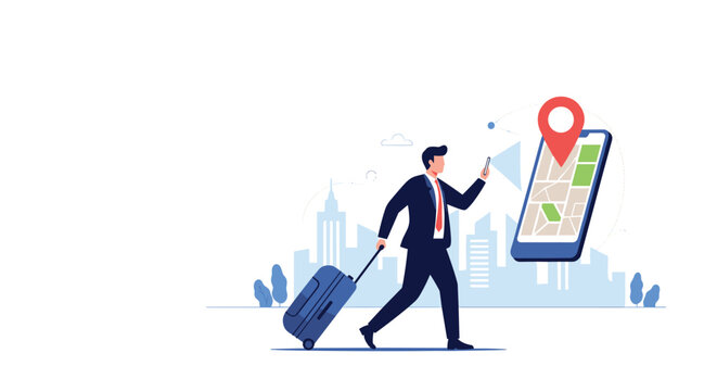 Businessman with suitcase and mobile phone looking for a location on a map app in a city with skyscrapers background.