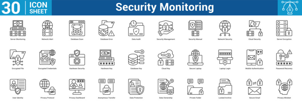 Security Monitoring editable icon set vector illustration concept for business with icon of Server Monitoring, Network Alert, Database Scan, Database Error, Data Audit, Security Management, Securit.