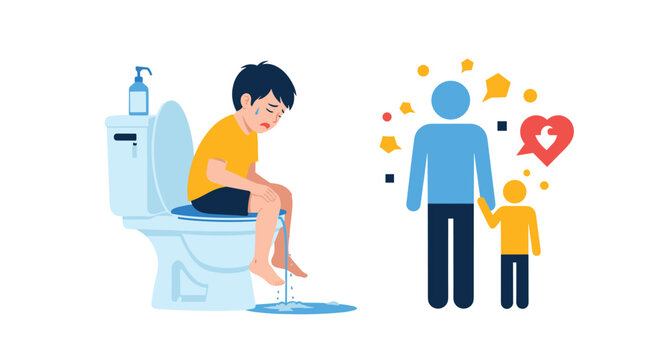 Sad boy sitting on a toilet while dealing with bedwetting or constipation issues with icons representing family support nearby.
