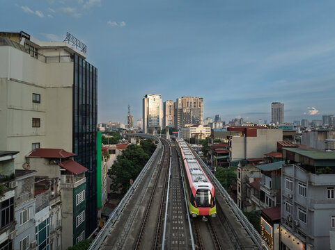 Urban railway night light trails