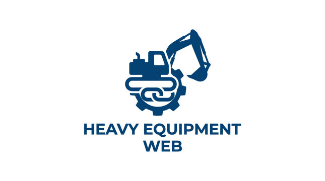 Heavy equipment excavator logo with gear and text "HEAVY EQUIPMENT WEB"