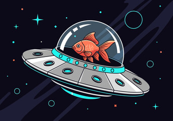 Cartoon Goldfish Piloting a UFO Spaceship in Deep Outer Space Illustration © Suci