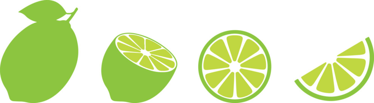 Lime fruit icons in various stages of being cut up on white background with green colors