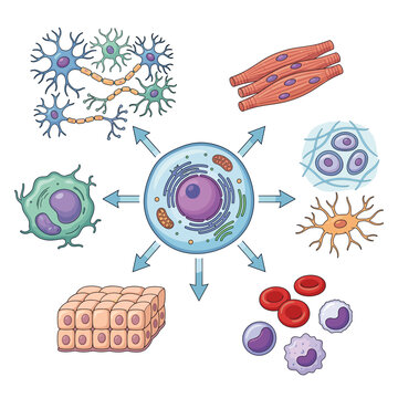 Illustration of diverse human cell types radiating from a central nucleus, showcasing specialization and differentiation in biology