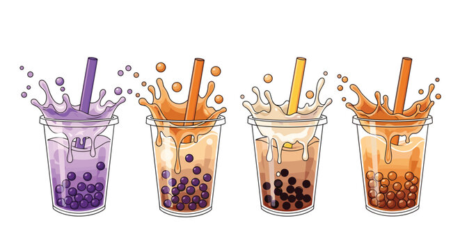 Set of colorful bubble tea drinks in plastic cups with liquid splashes, tapioca pearls, and straws on a white background.