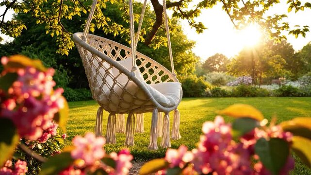 White macrame hanging chair with cushions suspended from a tree in a lush green garden with blooming pink flowers during a golden sunset
