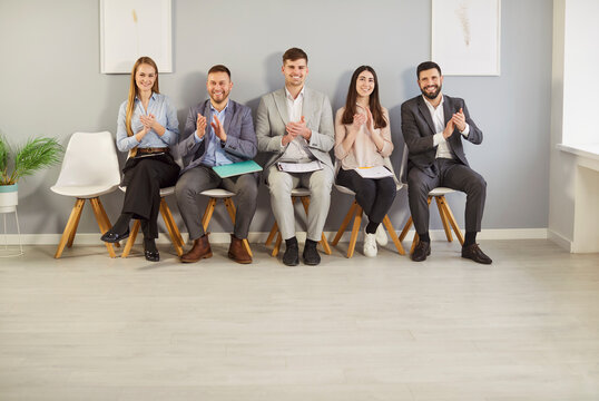 Happy applicants, candidates, ready to meet HR manager before job interview in office, applies for position in company, enjoy education and skills, get elected position, receive job of dream