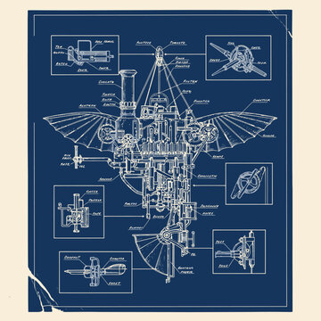 Detailed blueprint of mechanical flying machine.