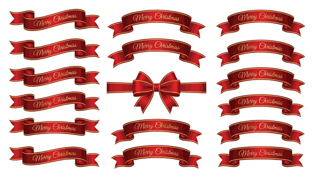 Adobe Illustrator Elegant collection of shiny red ribbons featuring festive merry christmas text with a detailed central decorative bow element presented in a high quality vector graphic design isolat