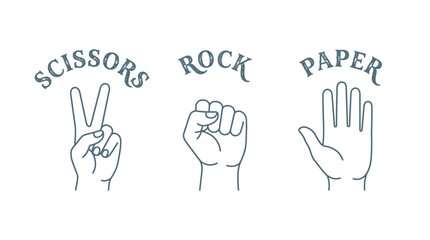 Fototapeta premium Hand gestures illustrating the classic game of rock paper scissors with elegant typography and clean line art style presented in a minimalist design format isolated on a pure white background.