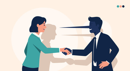 Fototapeta premium Conceptual illustration of two business people shaking hands while a shadow reveals one person has a long nose like Pinocchio.