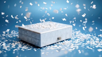 Fototapeta premium Elegant gift box with confetti on blue background, perfect for celebrations, surprises, and special occasions