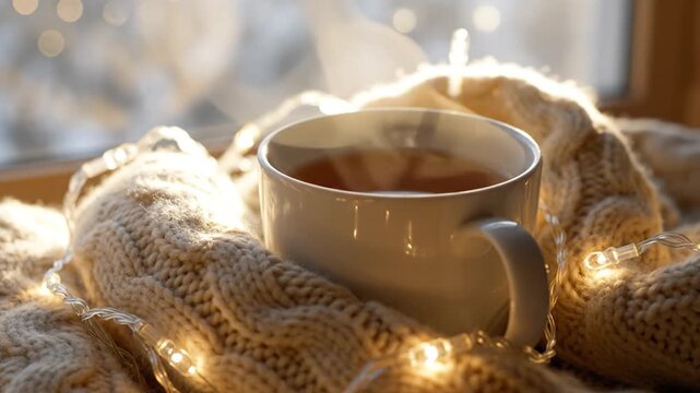 White mug of tea nestled in a chunky knit sweater with warm string lights near a sunny window