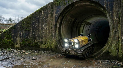 Fototapeta premium Robotic explorer with bright lights moving from dark concrete pipe onto wet ground, hazardous environment surveillance.