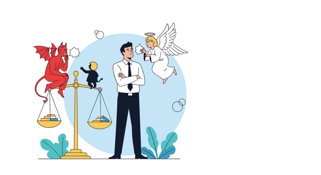 Confused businessman standing between a metaphorical angel and devil on a balance scale while facing a difficult moral decision.